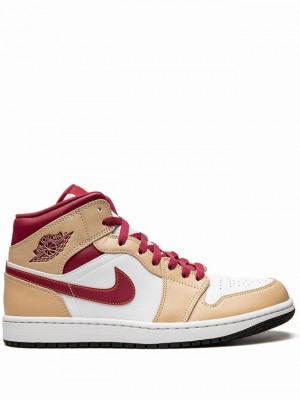 Nike Mid Light Curry Men's Air Jordan 1 White / Beige / Red | WMGKIXF-69