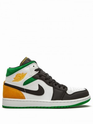 Nike Mid Oakland Men's Air Jordan 1 Black / White / Green / Orange | GLEPQFO-37