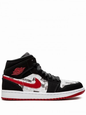 Nike Mid SE Newspaper Air Times Men's Air Jordan 1 Black / White / Red | UWAPCLH-86