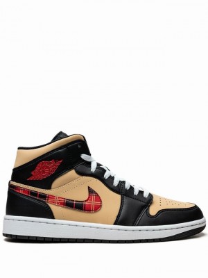 Nike Mid Tartan Swoosh Men's Air Jordan 1 Black / Beige | WSRYQCV-92