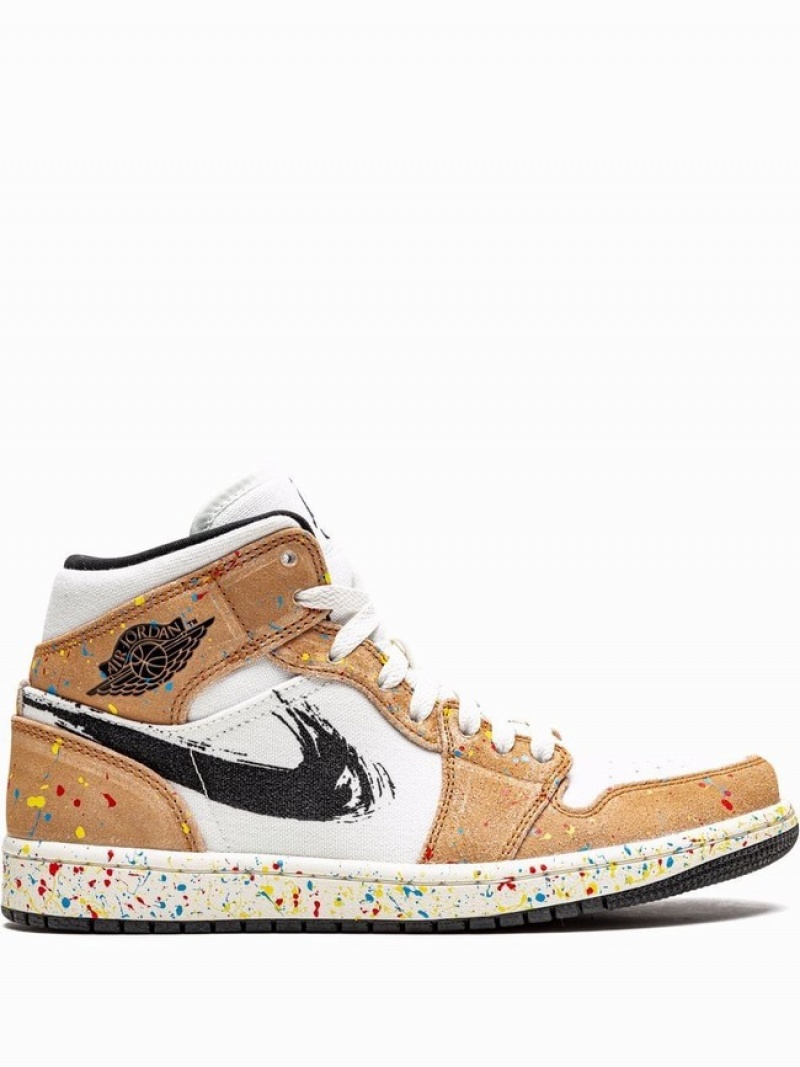 Nike Mid Brushstroke Men\'s Air Jordan 1 Brown / White | XCZDSJK-34