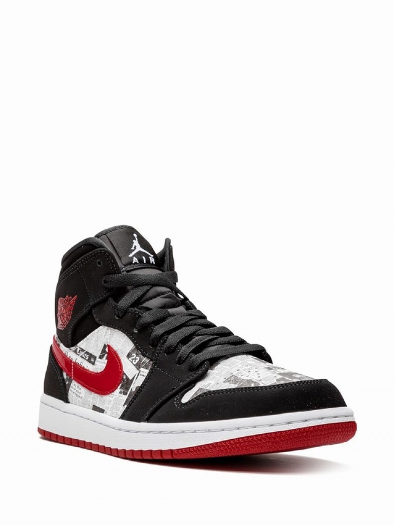 Nike Mid SE Newspaper Air Times Men's Air Jordan 1 Black / White / Red | UWAPCLH-86