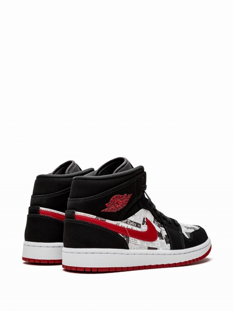 Nike Mid SE Newspaper Air Times Men's Air Jordan 1 Black / White / Red | UWAPCLH-86